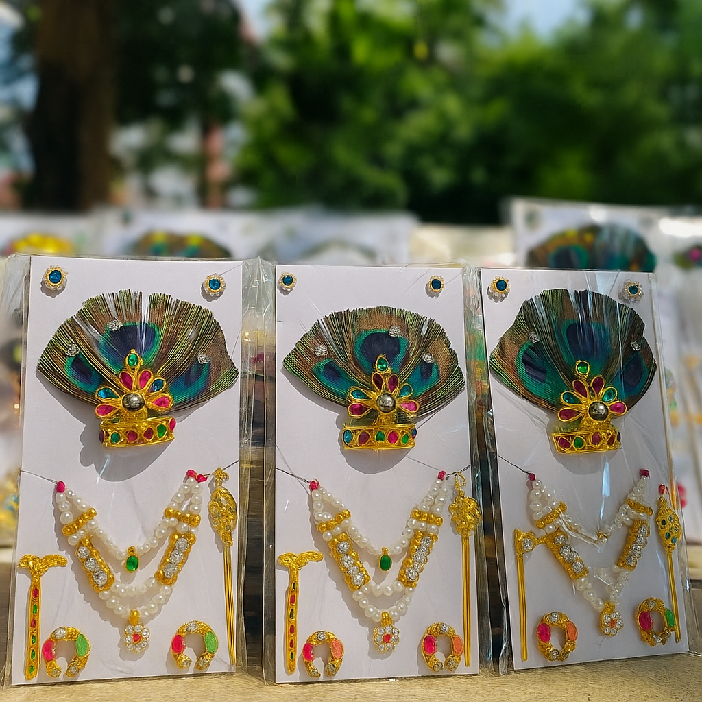 Size 3 to 5 no-Laddu Gopal Peacock Mukut & Jewelry Set | Elegant Shringar Combo for Krishna Ji