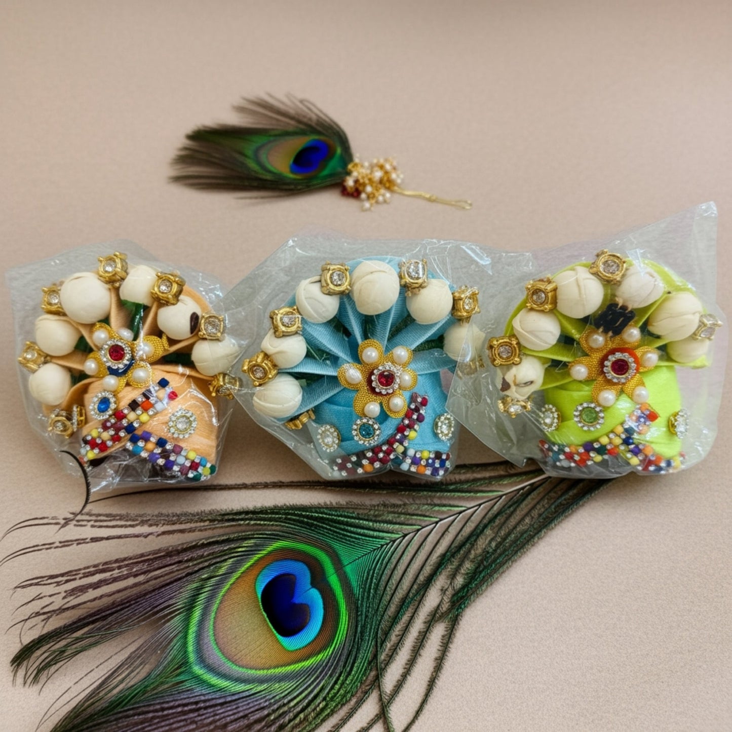 Size 3 to 5 no-Premium Laddu Gopal Pagdi Combo (Set of 3) | Moti Work Crown with Stones & Designer Finish