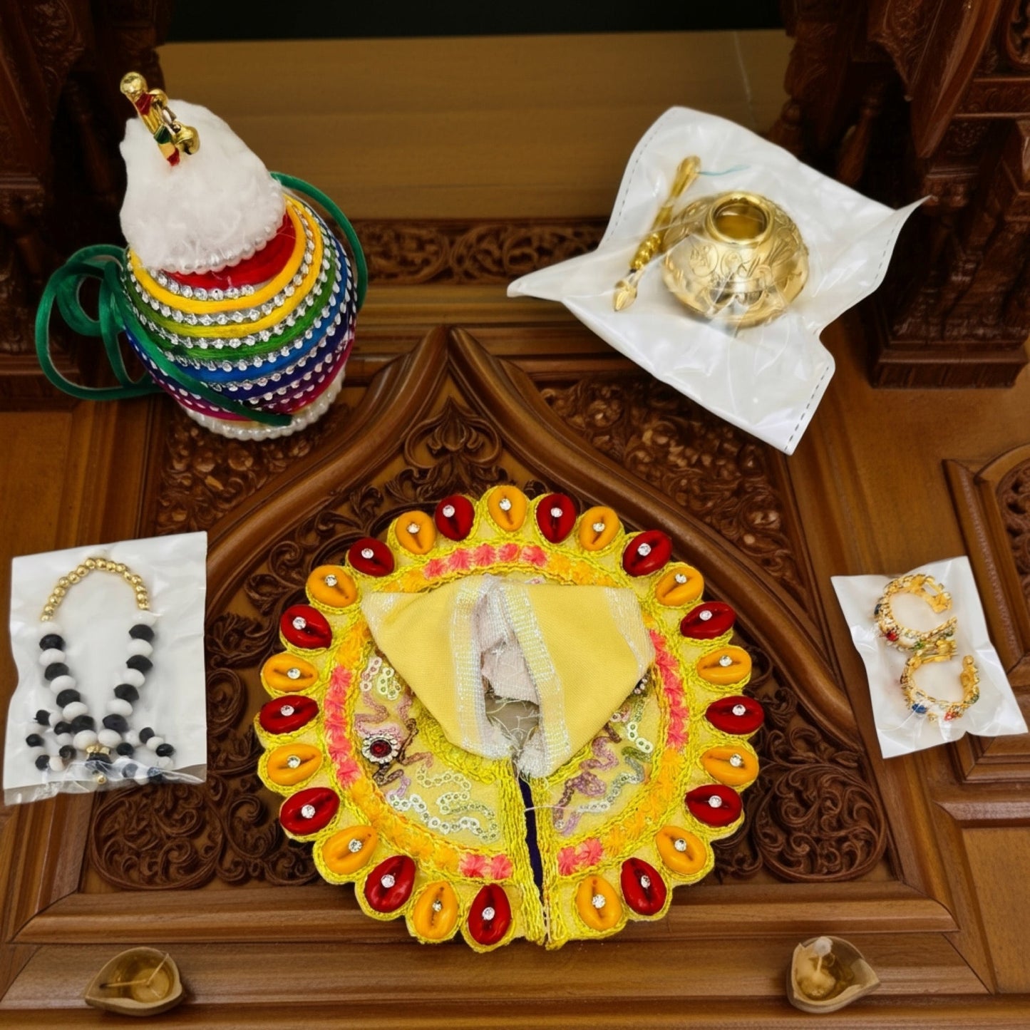 Size No. 0, 1 & 2 Janmashtami Combo – Yellow Designer Dress, Makhan Matki, Nazar Mala, Golden Matki & Fancy Kangan Set