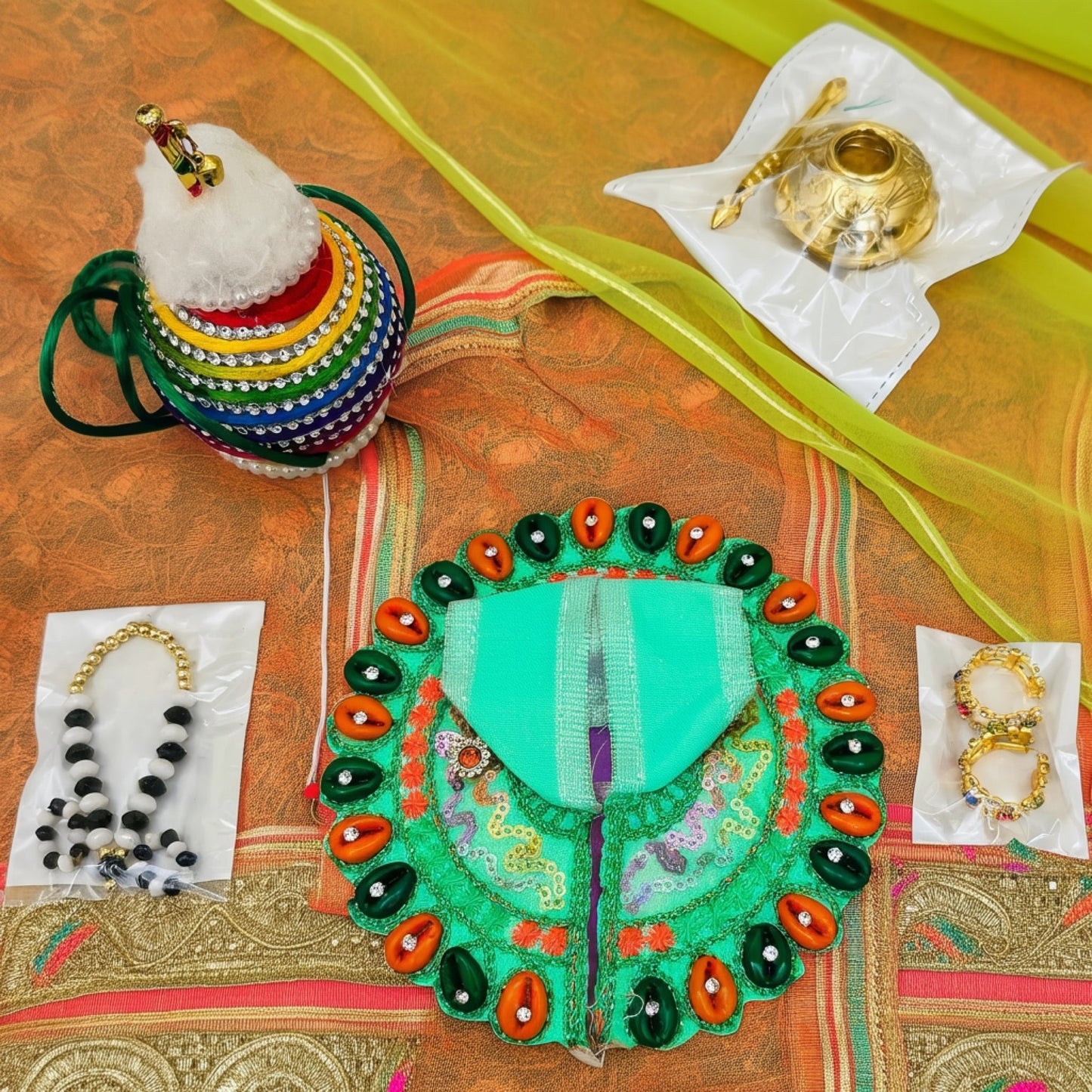 Size No. 0, 1 & 2 Janmashtami Combo – Green Designer Dress, Makhan Matki, Nazar Mala, Golden Matki & Fancy Kangan Set