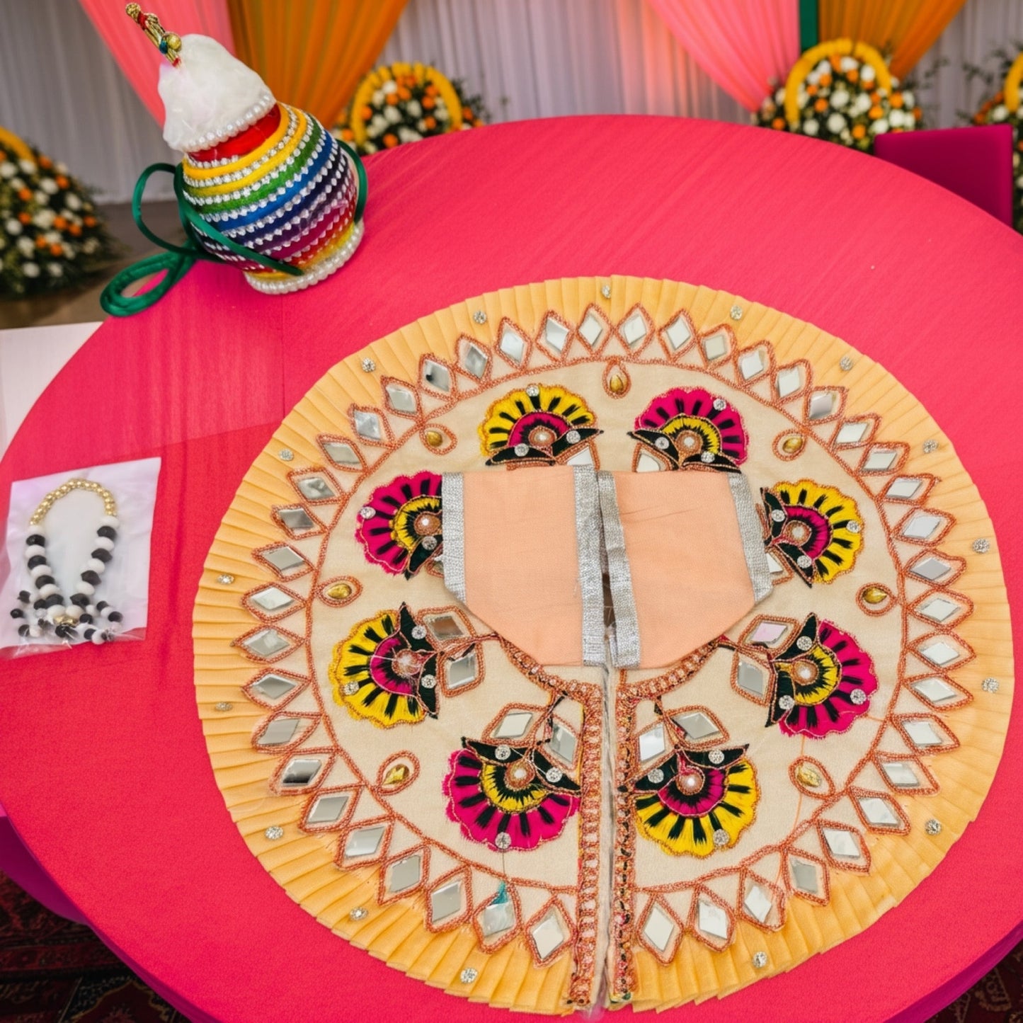 Size No. 4,5 & 6 Janmashtami Combo – Peach Mirror Work Dress, Makhan Matki, Nazar Mala, Golden Matki & Fancy Kangan Set