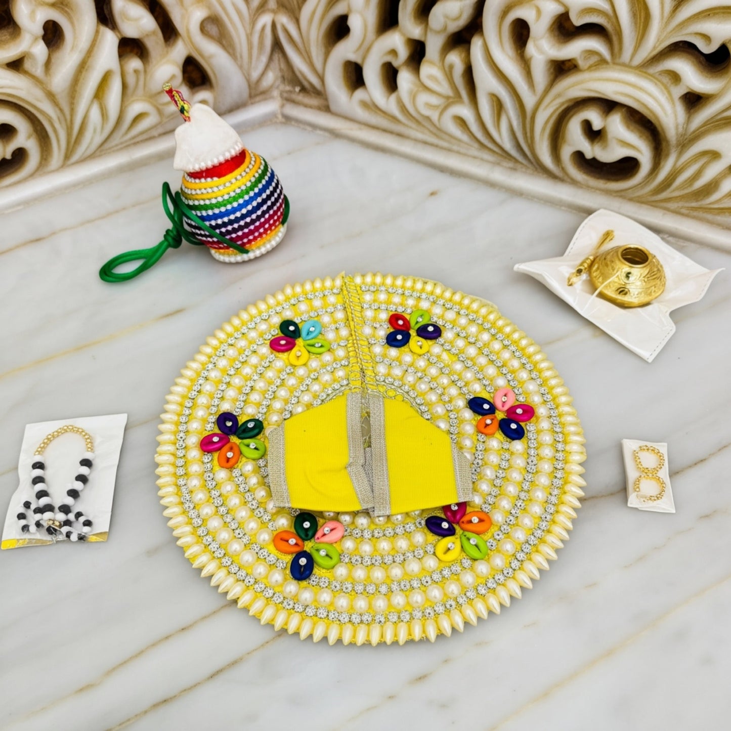 Size No. 3 & 4 Janmashtami Combo – Yellow Dress, Makhan Matki, Nazar Mala, Golden Matki & Designer Kangan