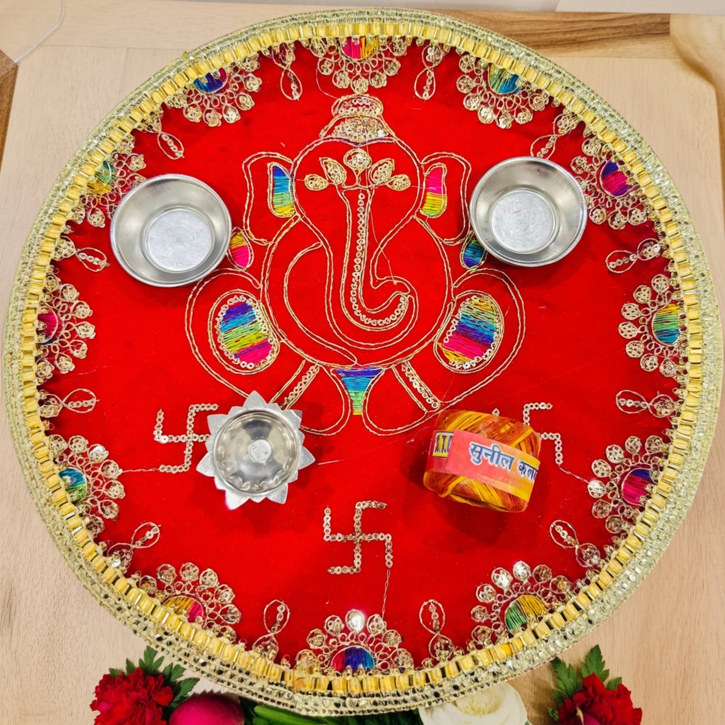 Ganesh Ji Embroidered Pooja Thali with Swastik & Velvet Base | Diwali Special | 10% OFF