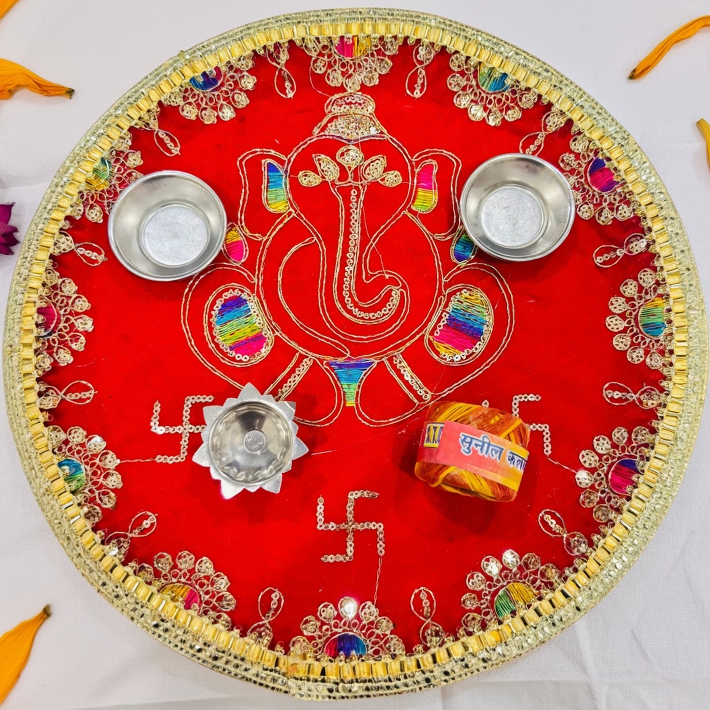 Ganesh Ji Embroidered Pooja Thali with Swastik & Velvet Base | Diwali Special | 10% OFF