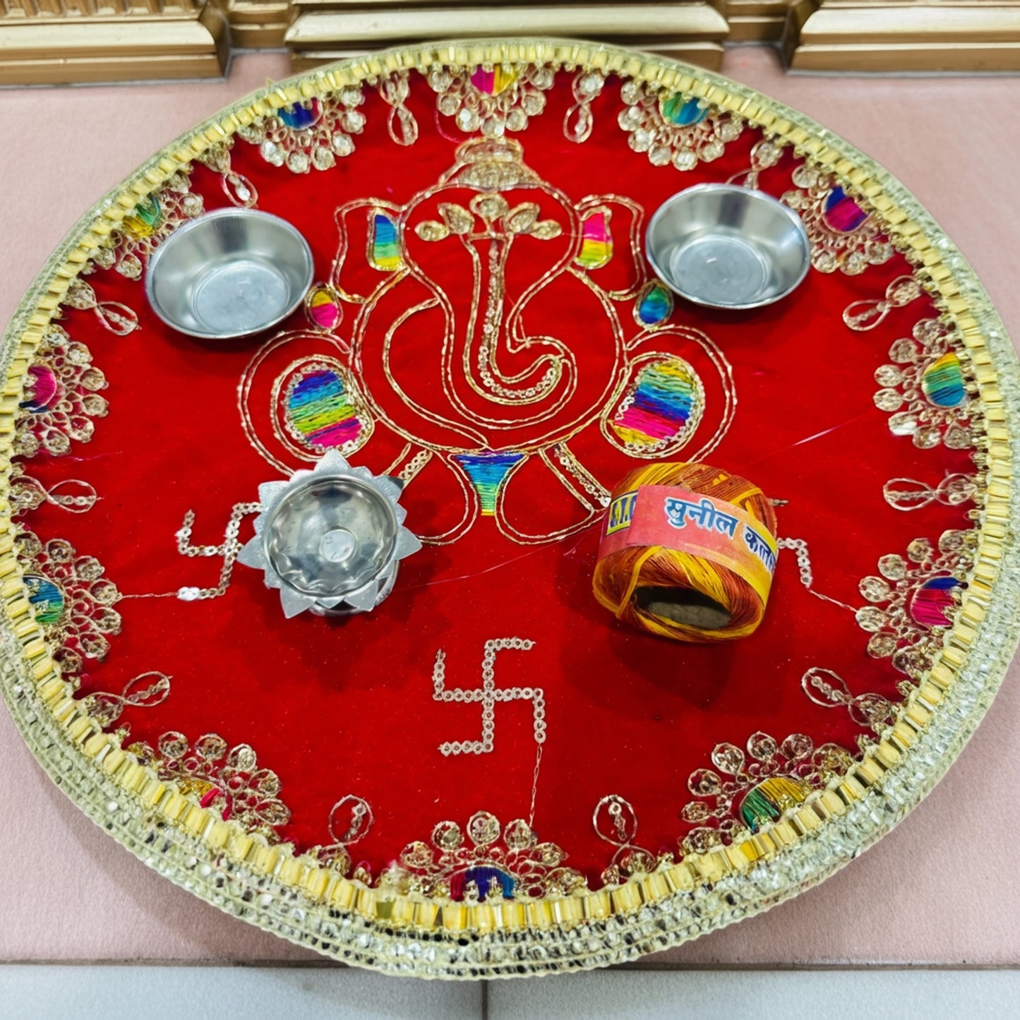 Ganesh Ji Embroidered Pooja Thali with Swastik & Velvet Base | Diwali Special | 10% OFF