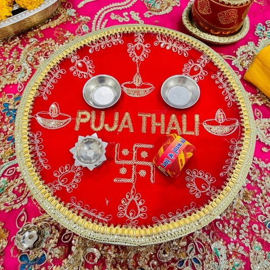 Red Velvet Embroidered Puja Thali with Diyas & Swastik | Festive Diwali Pooja Thali | 10% OFF