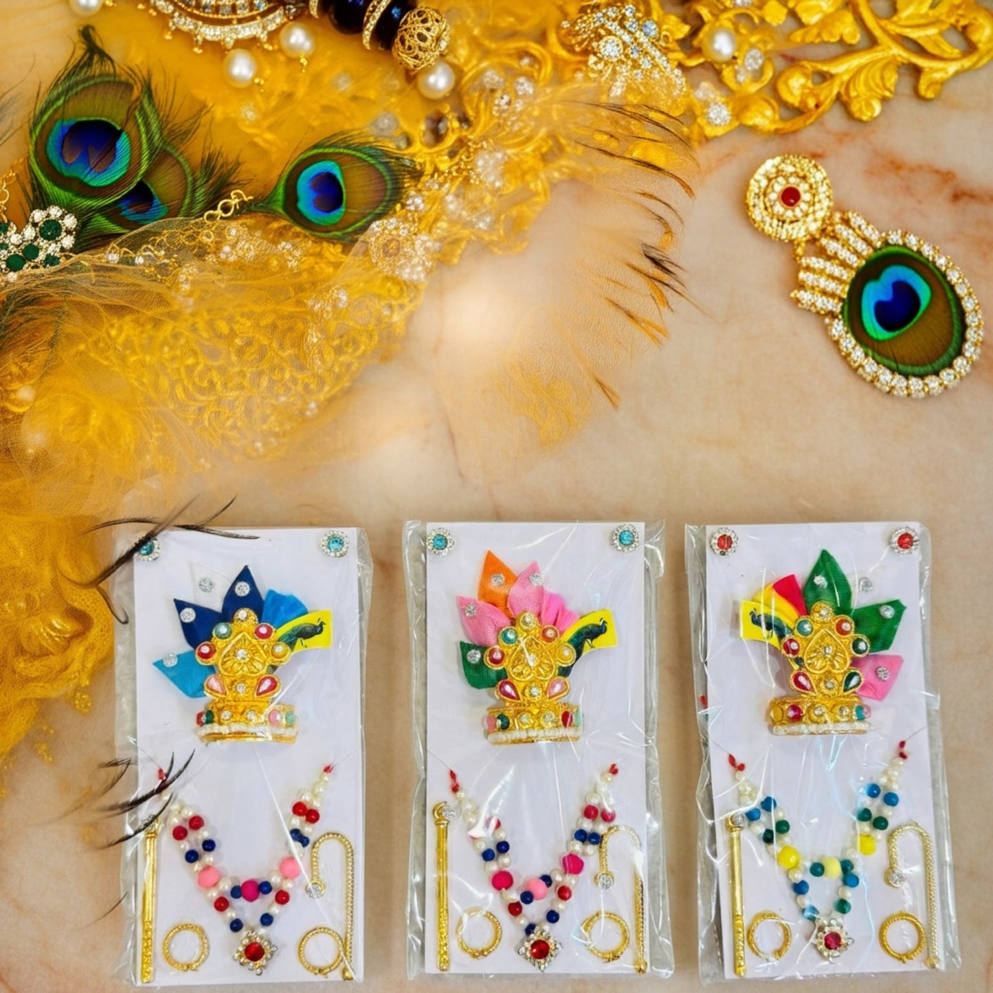Size 3 to 5 no-Premium Laddu Gopal Mukut & Jewelry Set | Multicolor Combo for Krishna Idol