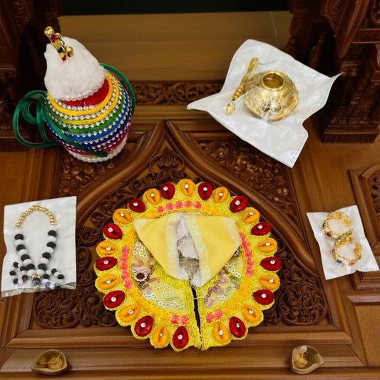 Size No. 0, 1 & 2 Janmashtami Combo – Yellow Designer Dress, Makhan Matki, Nazar Mala, Golden Matki & Fancy Kangan Set