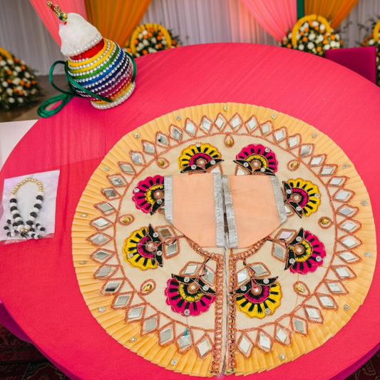 Size No.  4,5 & 6 Janmashtami Combo – Peach Mirror Work Dress, Makhan Matki, Nazar Mala, Golden Matki & Fancy Kangan Set