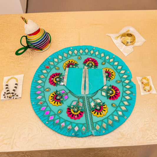 Size No.  4,5 & 6 Janmashtami Combo – Sky Blue Mirror Work Dress, Makhan Matki, Nazar Mala, Golden Matki & Fancy Kangan Set