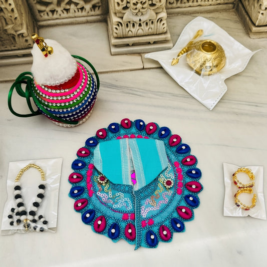 Size No. 0, 1 & 2 Janmashtami Combo – Blue Designer Dress, Makhan Matki, Nazar Mala, Golden Matki & Fancy Kangan Set