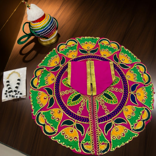 Size No. 4 & 5 Janmashtami Combo – Magenta-Green Embroidered Dress, Makhan Matki, Nazar Mala, Golden Matki & Kangan Set