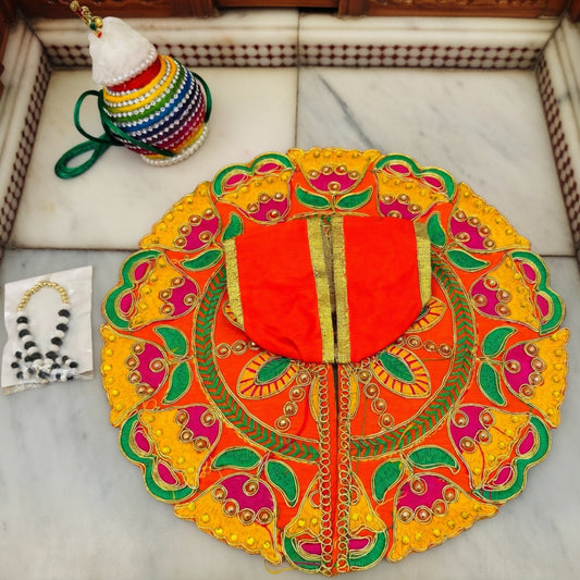 Size No. 4 & 5 Janmashtami Combo – Orange-Green Heavy Embroidered Dress, Makhan Matki, Nazar Mala, Golden Matki & Kangan Set