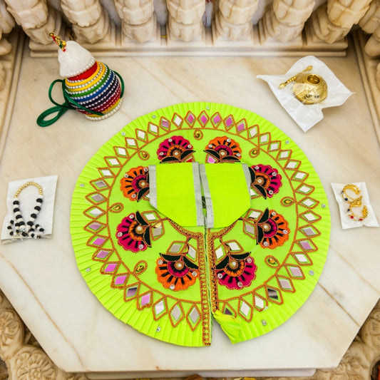 Size No.  4,5 & 6 Janmashtami Combo – Green Mirror Work Dress, Makhan Matki, Nazar Mala, Golden Matki & Fancy Kangan Set