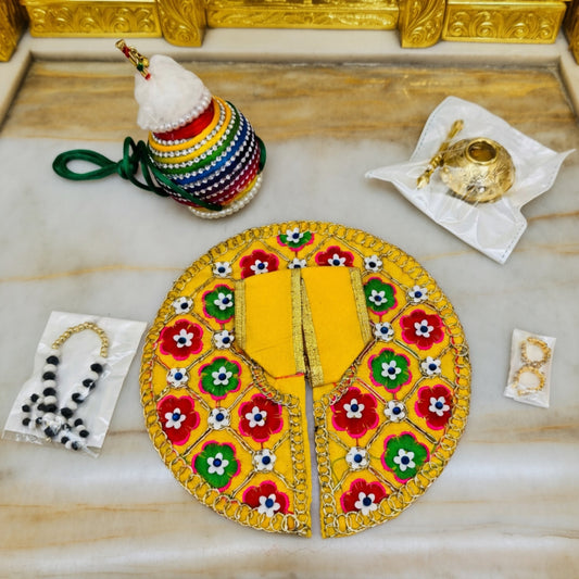 Size No. 3 & 4 Janmashtami Combo – Yellow Embroidered Dress, Makhan Matki, Nazar Mala, Golden Matki & Kangan
