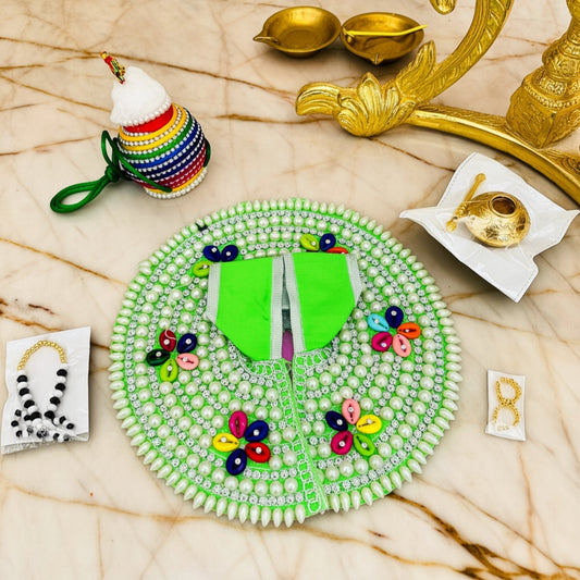 Size No. 3 & 4 Janmashtami Combo – Green Dress, Makhan Matki, Nazar Mala, Golden Matki & Kangan Set