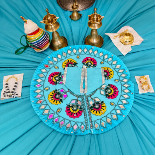 Size No.  4,5 & 6 Janmashtami Combo – Light Blue Mirror Work Dress, Makhan Matki, Nazar Mala, Golden Matki & Fancy Kangan Set