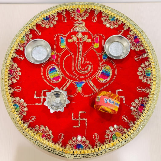 Ganesh Ji Embroidered Pooja Thali with Swastik & Velvet Base | Diwali Special | 10% OFF
