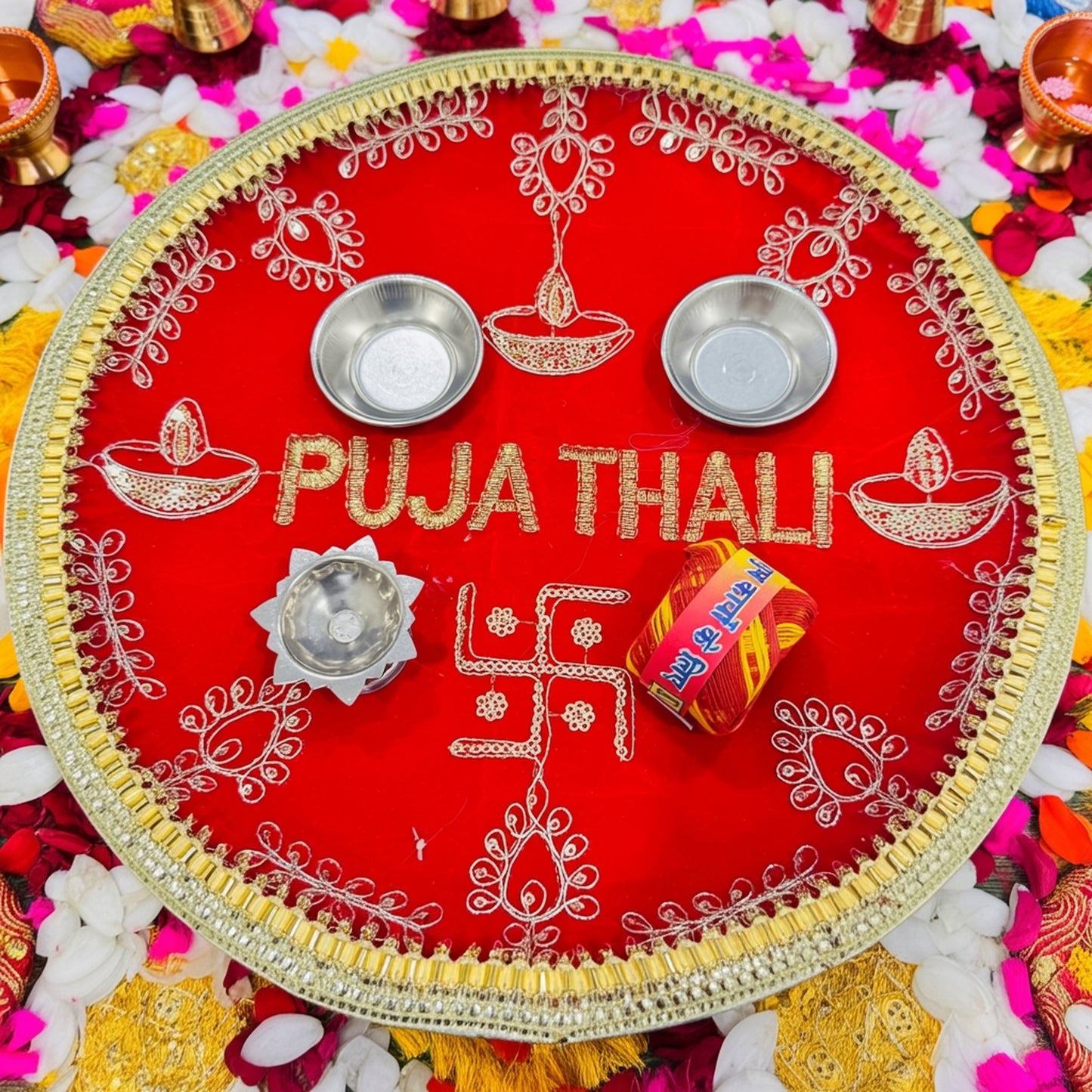 Red Velvet Embroidered Puja Thali with Diyas & Swastik | Festive Diwali Pooja Thali | 10% OFF