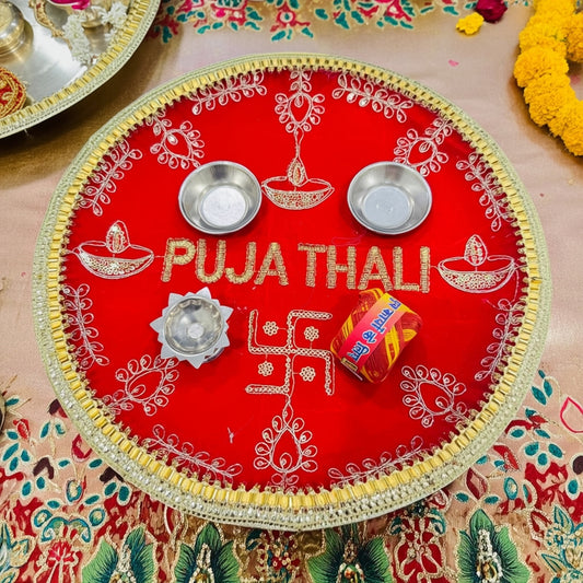 Red Velvet Embroidered Puja Thali with Diyas & Swastik | Festive Diwali Pooja Thali | 10% OFF